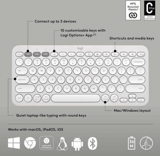 Logitech Pebble Keys 2 K380s Keyboard, Bluetooth 5.1 Connectivity, Up to 3 Multi-Device Pairing, Customizable Fn Shortcut Keys, 2x AAA Battery, English Layout, On / Off Button, White - eBuy UAE