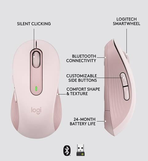 Logitech Signature M650 Wireless Mouse, For Small to Medium Sized Hands, Silent Clicks, 5 Buttons, Bluetooth, Multi-Device Compatibility, 400 DPI Nominal Value, 10m Range, Rose Pink | 910-006254 - eBuy UAE