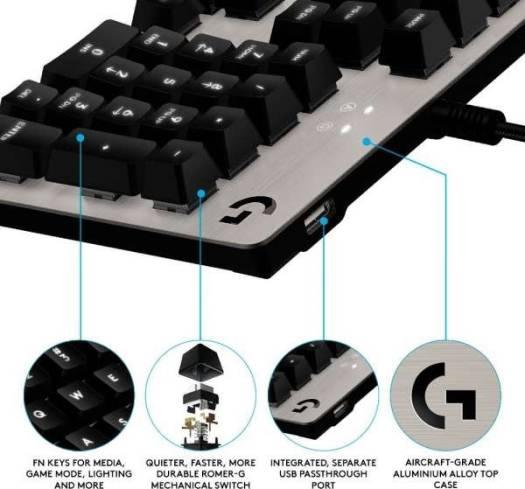 Logitech G413 Mechanical Gaming Keyboard Romer-G with USB Pass-Through - Silver, US International Layout | 920-008476 - eBuy UAE