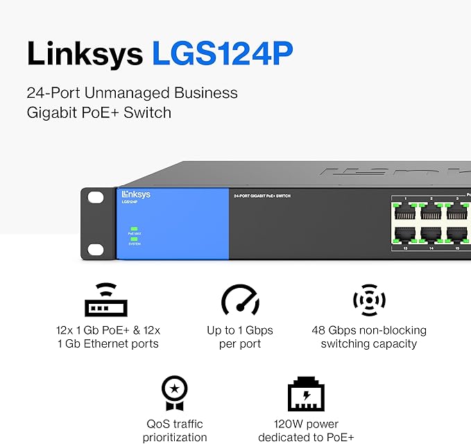 Linksys LGS124P Business PoE+ Gigabit Unmanaged Switch 120W - eBuy UAE