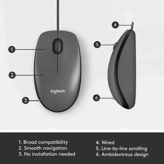 Logitech M100 Wired USB Mouse, Smooth Cursor Control, No Software Set Up, Gray - Black | 910-005003 - eBuy UAE
