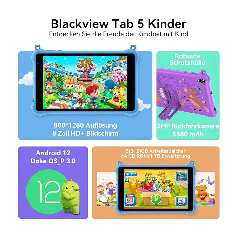 Blackview Tab5 Kids Tablet, Android 12 Tablet For Kids, 5Gb+ 64Gb/ 1Tb With Parental Control Mode, Bluetooth, Google Play, Wifi, Kid-Proof Case, 8 Inch Blue - eBuy UAE
