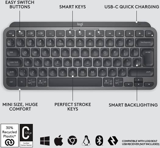 Logitech MX Keys Mini Minimalist Wireless Illuminated Keyboard, Bluetooth / USB-C Connector, 10m Range, English Arabic Layout, Graphite Black | 920-010503