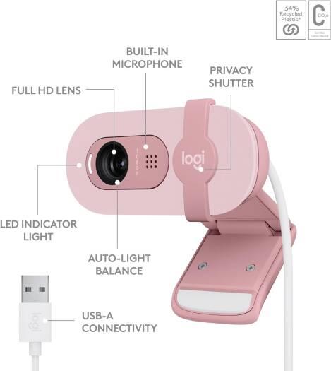Logitech Brio 100 Full HD 1080p Webcam for Meetings & Streaming, Auto-Light Balance, Built-in Mic, Privacy Shutter, USB-A, for Microsoft Teams, Google Meet, Zoom & More - Rose - eBuy UAE
