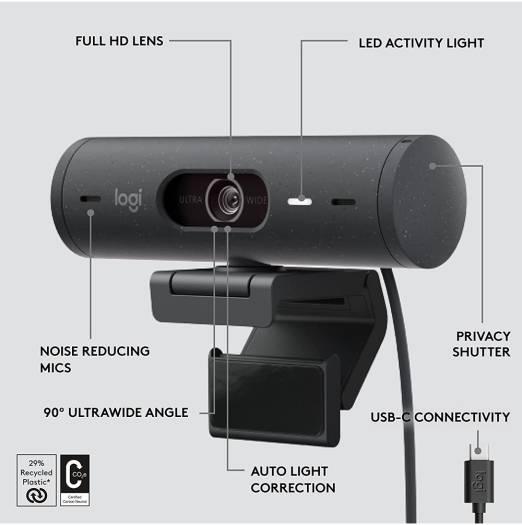 Logitech Brio 500 Full HD 1080p Webcam, Auto Light Correction, Show Mode, Dual Noise Reduction Mics, Webcam Privacy Cover, Works with MS Teams, Google Meet, Zoom, USB-C Cable, Graphite | 960-001422 - eBuy UAE