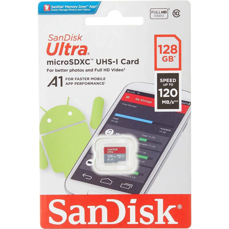 SanDisk 128GB Ultra microSDXC U1, C10, A1, UHS-1, 100MB/s R, 4x6, 10Y - SDSQUAR-128G-GN6MN - eBuy UAE