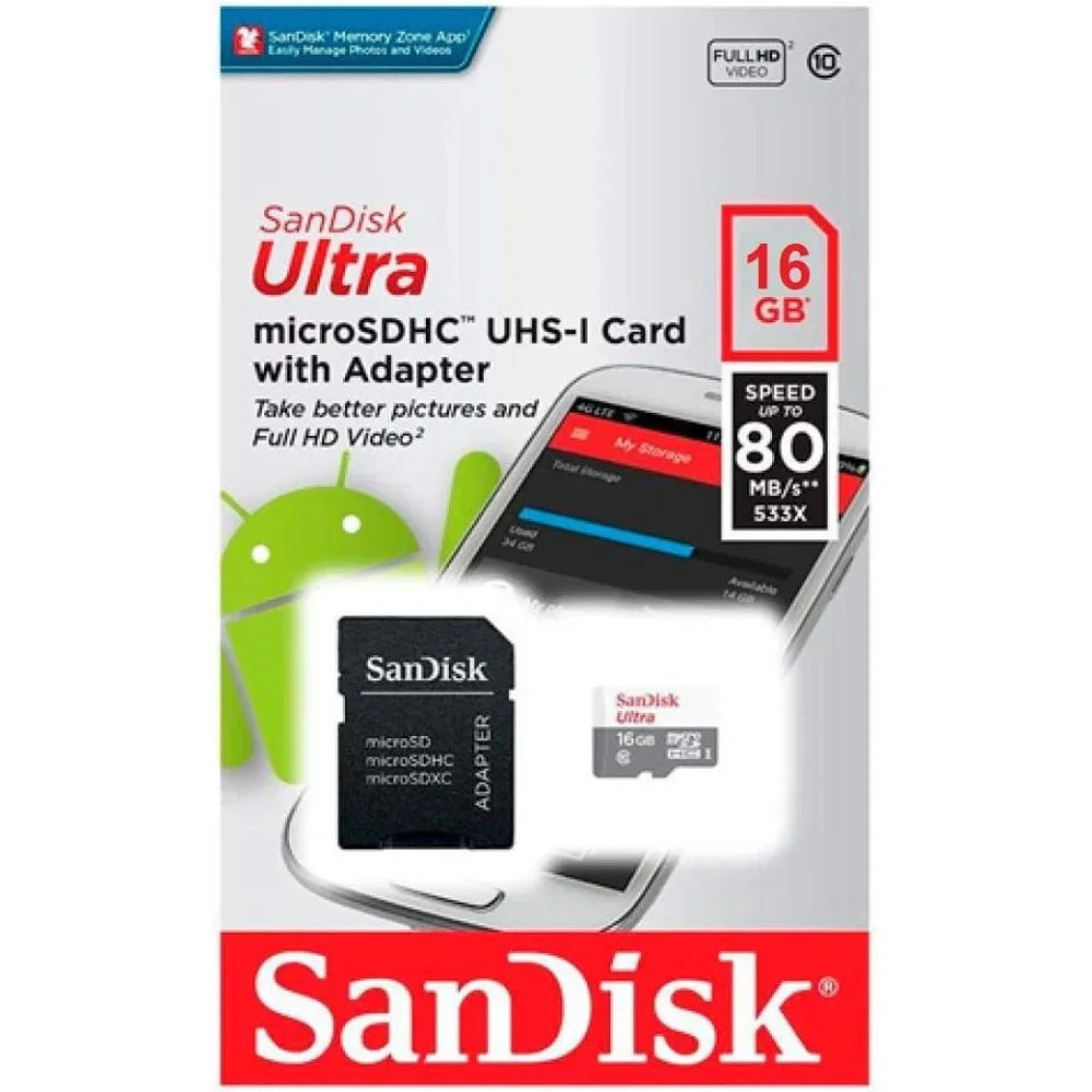SanDisk Ultra Micro SD Card Android, Class 10-16GB with Adaptor, SDSQUNS-016G-GN3MA - eBuy UAE