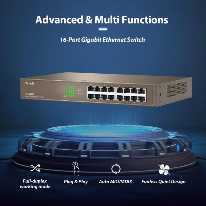 Tenda TEG1016D 16-Port Gigabit Ethernet Switch Fanless Plug & Play unmanaged RACK mount - eBuy UAE