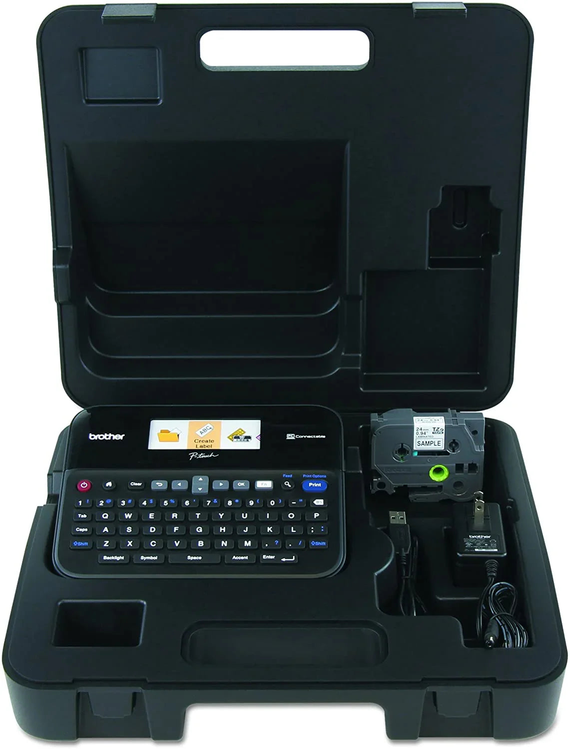 Genuine Brother P-touch, PTD600VP, PC-Connectable Label Maker with Full Color Graphical Display, Case, Split-Back Tapes, 14 Fonts, Black - eBuy UAE