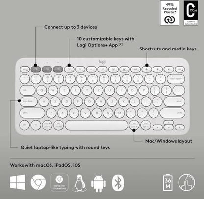 Logitech Pebble Keys 2 K380s Keyboard, Bluetooth 5.1 Connectivity, Up to 3 Multi-Device Pairing, Customizable Fn Shortcut Keys, 2x AAA Battery, English Layout, On / Off Button, White - eBuy UAE