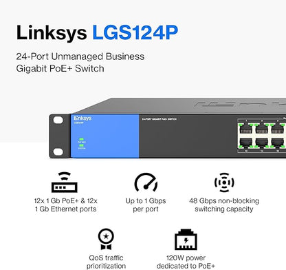 Linksys LGS124P Business PoE+ Gigabit Unmanaged Switch 120W - eBuy UAE