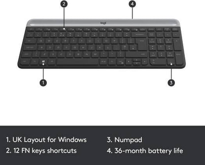 Logitech Mk470 Slim Wireless Keyboard & Mouse Combo For Windows, 2.4Ghz Unifying Usb-Receiver, Low Profile, Whisper-Quiet, Long Battery Life, Optical Mouse, Pc/Laptop, Arabic Layout - Graphite - eBuy UAE