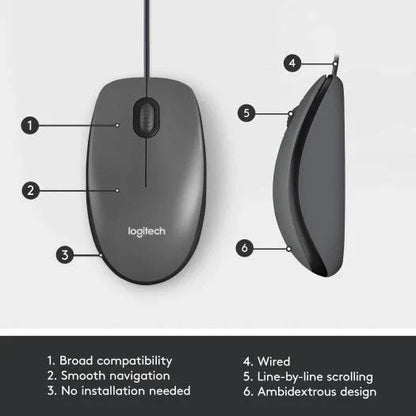 Logitech M100 Wired USB Mouse, Smooth Cursor Control, No Software Set Up, Gray - Black | 910-005003 - eBuy UAE