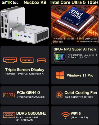 GMKtec NucBox K9, Mini PC, Intel Core Ultra 5 125H, 32GB DDR5 RAM, 1TB SSD, Dual LAN 2.5G, WiFi 6E, Thunderbolt 4.0, BT 5.2, DP, HDMI, Dual Fan, Windows 11 Pro | NucBox K9 - eBuy UAE