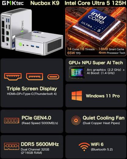 GMKtec NucBox K9, Mini PC, Intel Core Ultra 5 125H, 32GB DDR5 RAM, 1TB SSD, Dual LAN 2.5G, WiFi 6E, Thunderbolt 4.0, BT 5.2, DP, HDMI, Dual Fan, Windows 11 Pro | NucBox K9 - eBuy UAE