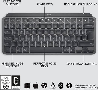 Logitech MX Keys Mini Minimalist Wireless Illuminated Keyboard, Bluetooth / USB-C Connector, 10m Range, English Arabic Layout, Graphite Black | 920-010503