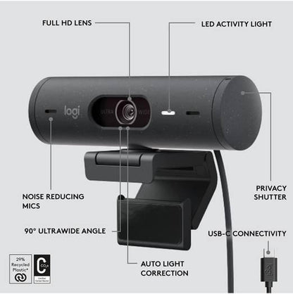 Logitech Brio 500 Full HD 1080p Webcam, Auto Light Correction, Show Mode, Dual Noise Reduction Mics, Webcam Privacy Cover, Works with MS Teams, Google Meet, Zoom, USB-C Cable, Graphite | 960-001422 - eBuy UAE