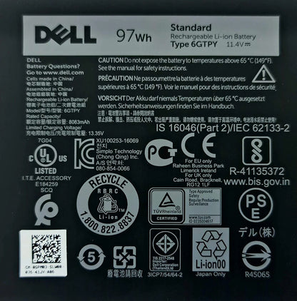 Dell Laptop battery 6GTPY XPS 15 9550, XPS 15 9570 11.4V 97Wh Original , Precision 5510, 5520, Inspiron 15 7590, Laptop Battery - eBuy UAE